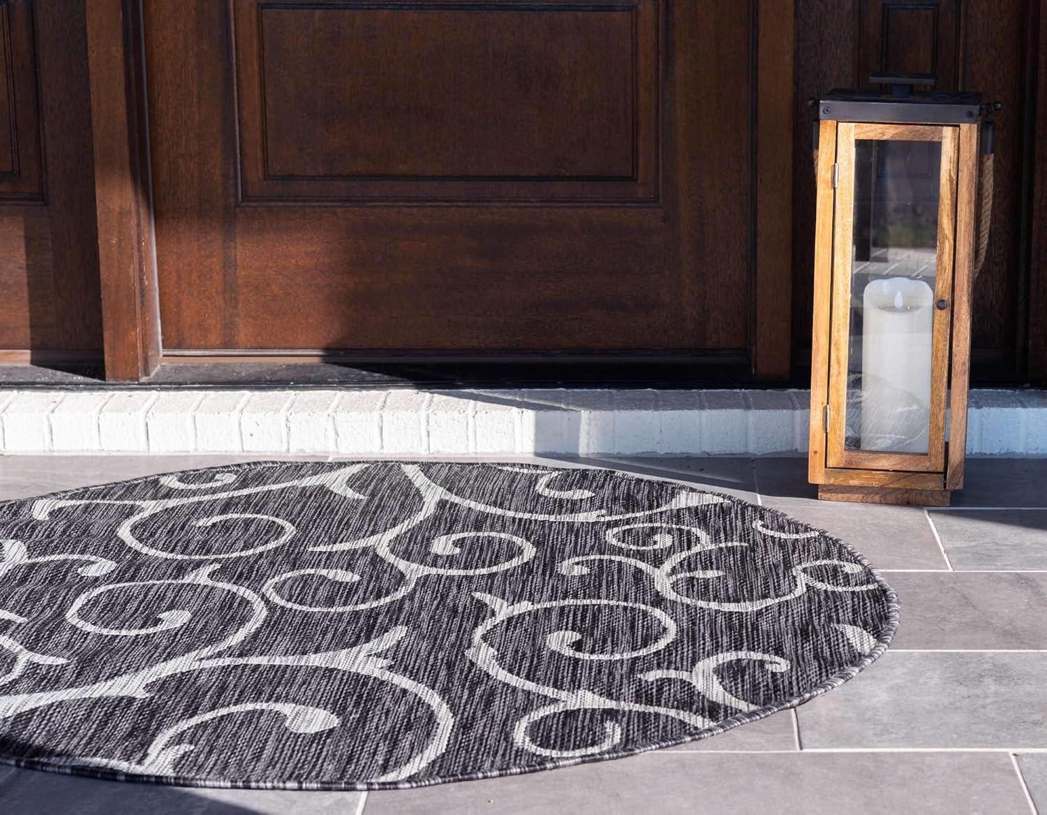 Unique Loom 4' 0 x 4' 0 Round Indoor/Outdoor Botanical Charcoal Gray Area Rug