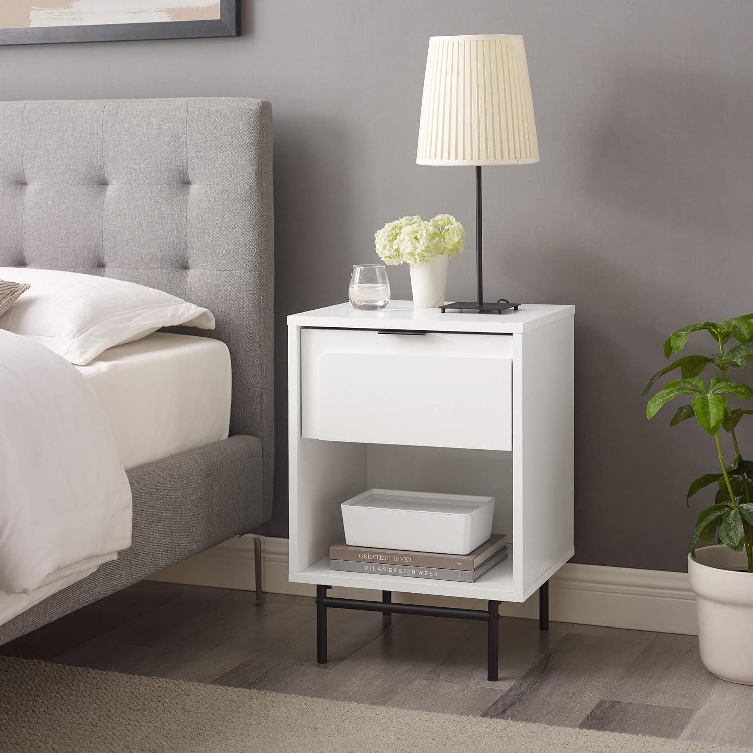 White 26" Modern Metal-Leg 1-Drawer Nightstand