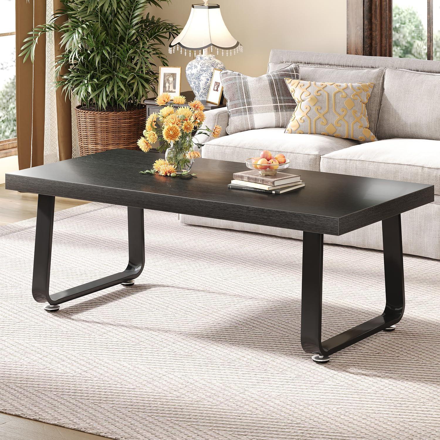Latitude Run® Black Coffee Table, Industrial Wood And Metal Legs Center Table, Black Oak, 47 Inch
