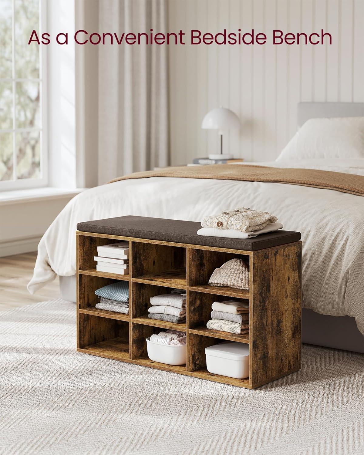 Rustic Brown Particleboard Shoe Bench with Cushion and Storage