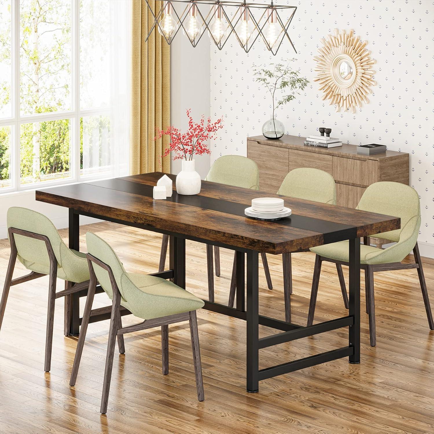 Rustic Brown Industrial Wood Dining Table for Six with Metal Frame