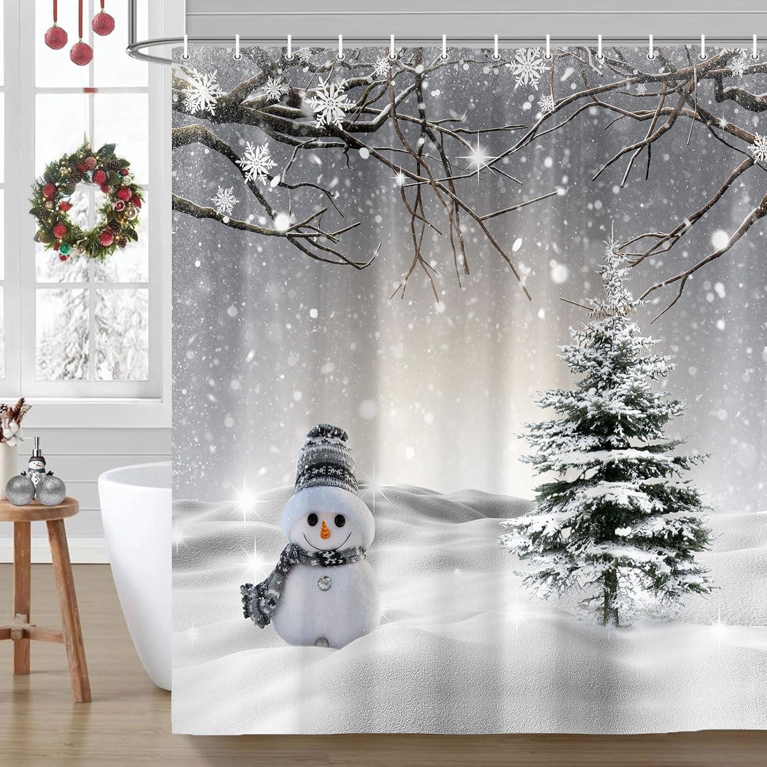 Farmhouse Winter Christmas Shower Curtain, Cute Snowman Snow Forest Pine Tree Scene Shower Curtain For Bathroom Rustic Xmas Snowflake Holiday Gray Bathroom Accessories Polyester 72"X72" With Hooks