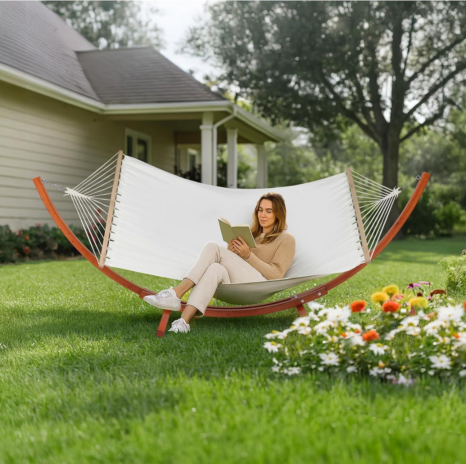 10.5 ft White Canvas Double Hammock with Pine Wood Arc Stand