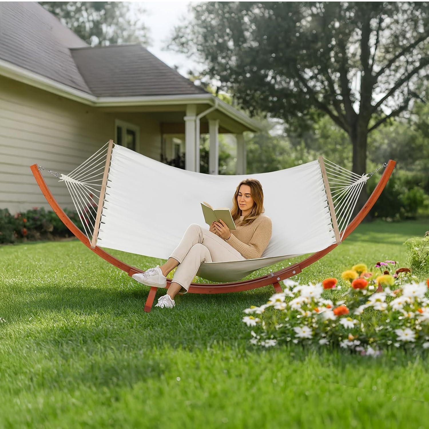 10.5 ft White Canvas Double Hammock with Pine Wood Arc Stand