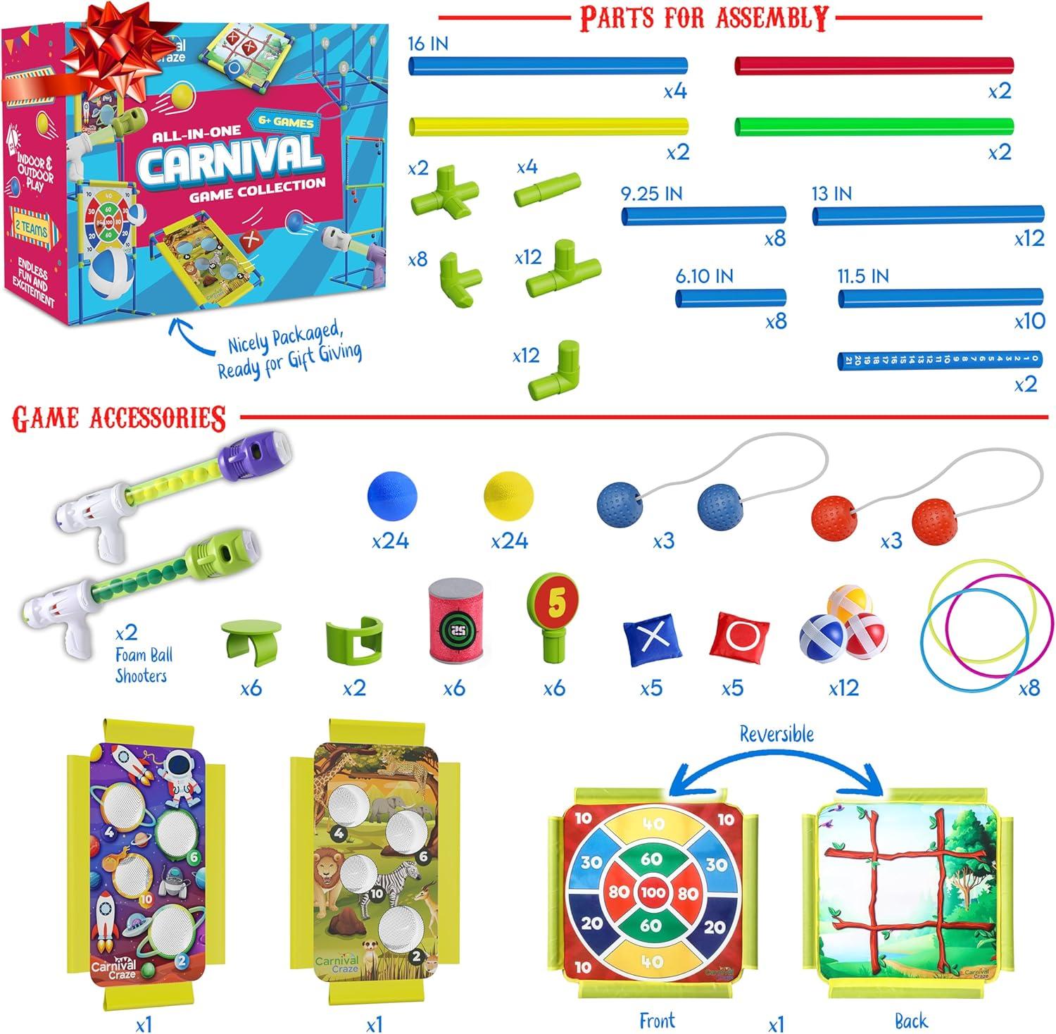 Carnival Yard Games for Kids - Ring Toss, Beanbag Cornhole, Ball Shooting Target Game, Ladder Toss, Darts Board, Tic Tac Toe, Birthday Party Activities, Backyard Outdoor Games and Indoor Family Fun