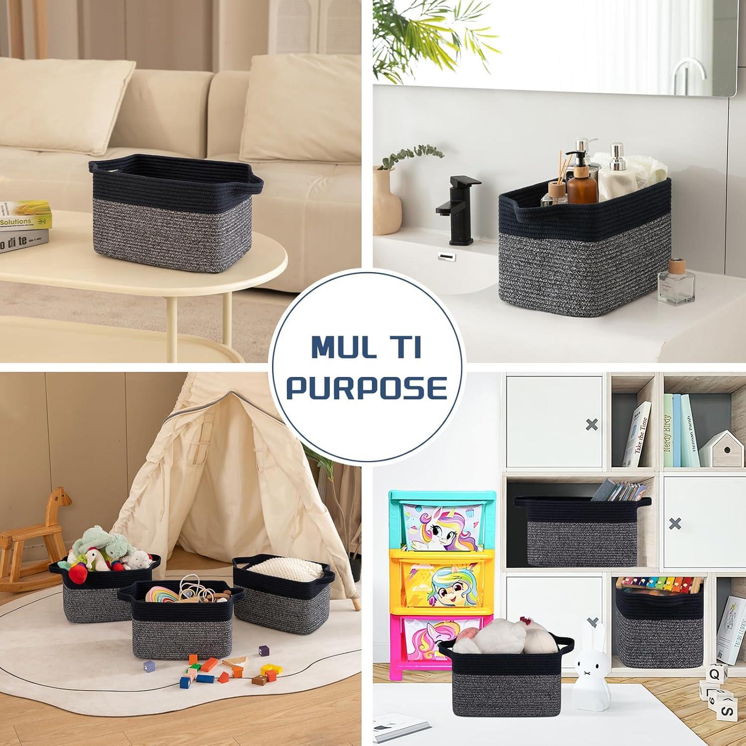 Design 3-Pack Storage Baskets for Shelves, Decorative Baskets for Organizing, Woven Baskets for Storage, Book Basket Cube Storage Bin Box, Pantry Closet and Shoe Organizers, Navy Blue