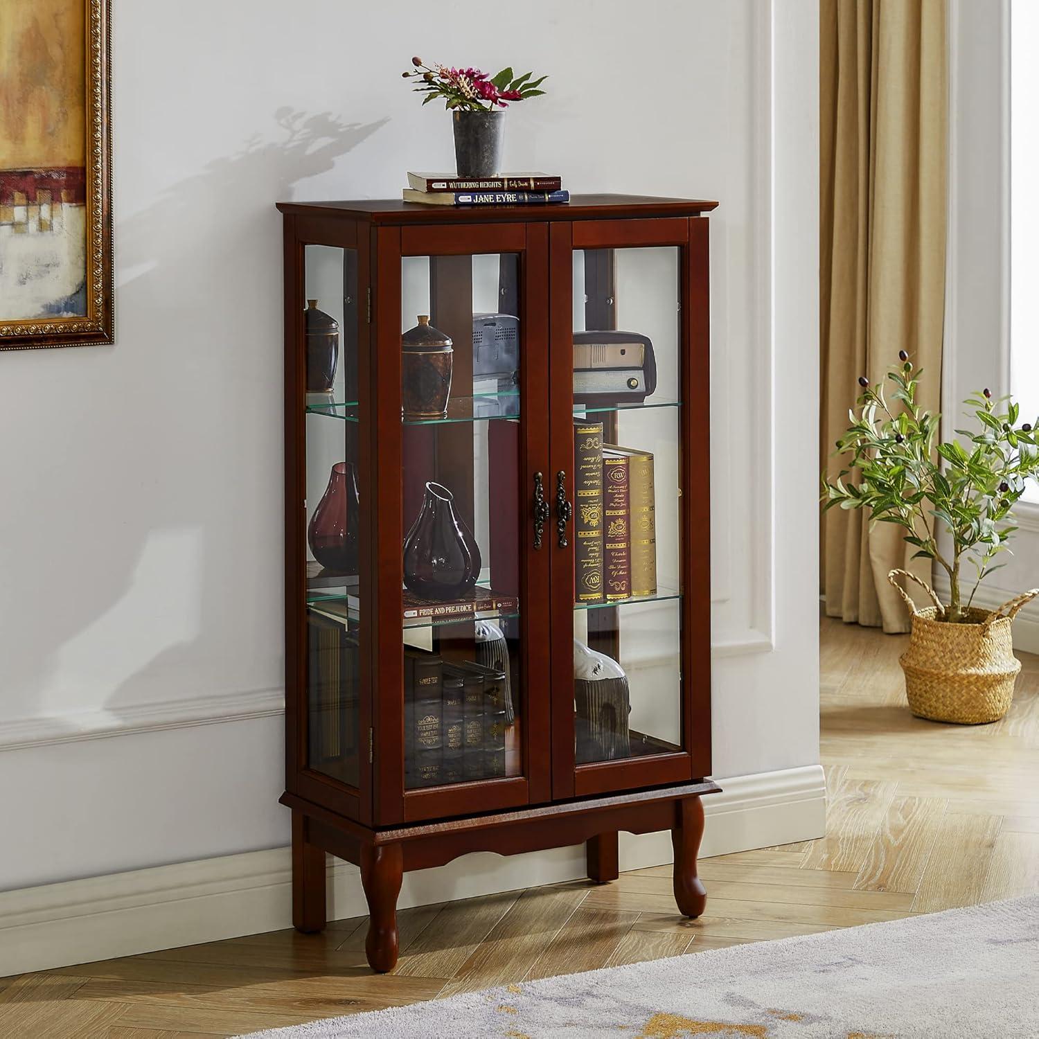 Holaki Curio Cabinet Lighted Curio Diapaly Cabinet with Adjustable Shelves and Mirrored Back Panel, Tempered Glass Doors (Cherry, 3 Tier)