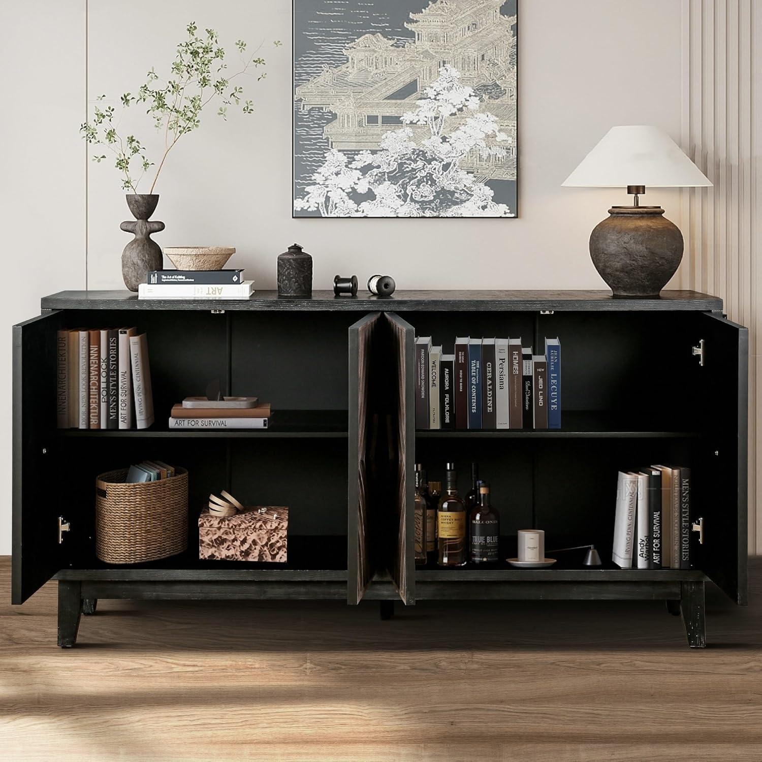 60" Mid Century Sideboard Buffet Kitchen Storage Cabinet, with 4 Convex pattern diamond Doors and 2 Shelves Accent, for Entrance, Hall, Antique Brown