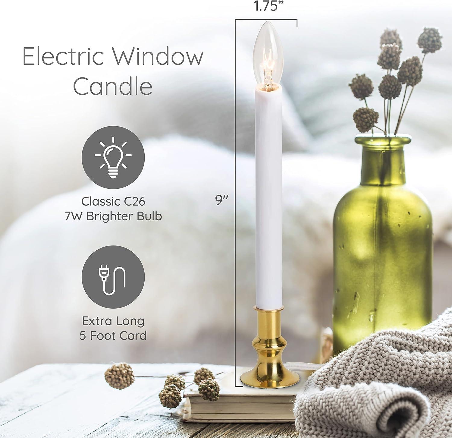 Electric Christmas Window Candle Lamp with Brass Plated Base, Dusk to Dawn | Auto Sensor | Turns Candle on in Dark and Off in Light, Ready to Use! | 4 Pack