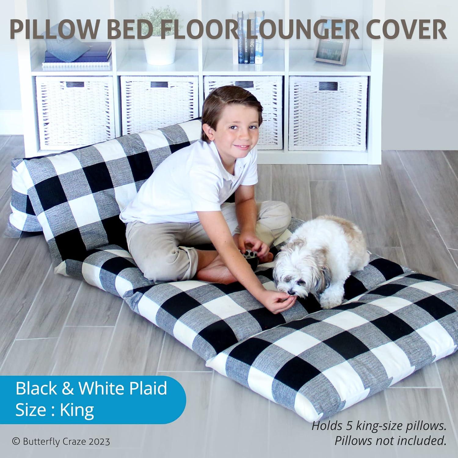 Butterfly Craze Butterfly Craze Floor Pillow Case, Mattress Bed Lounger Cover, Black/White Plaid, King Size - for Kids & Adults
