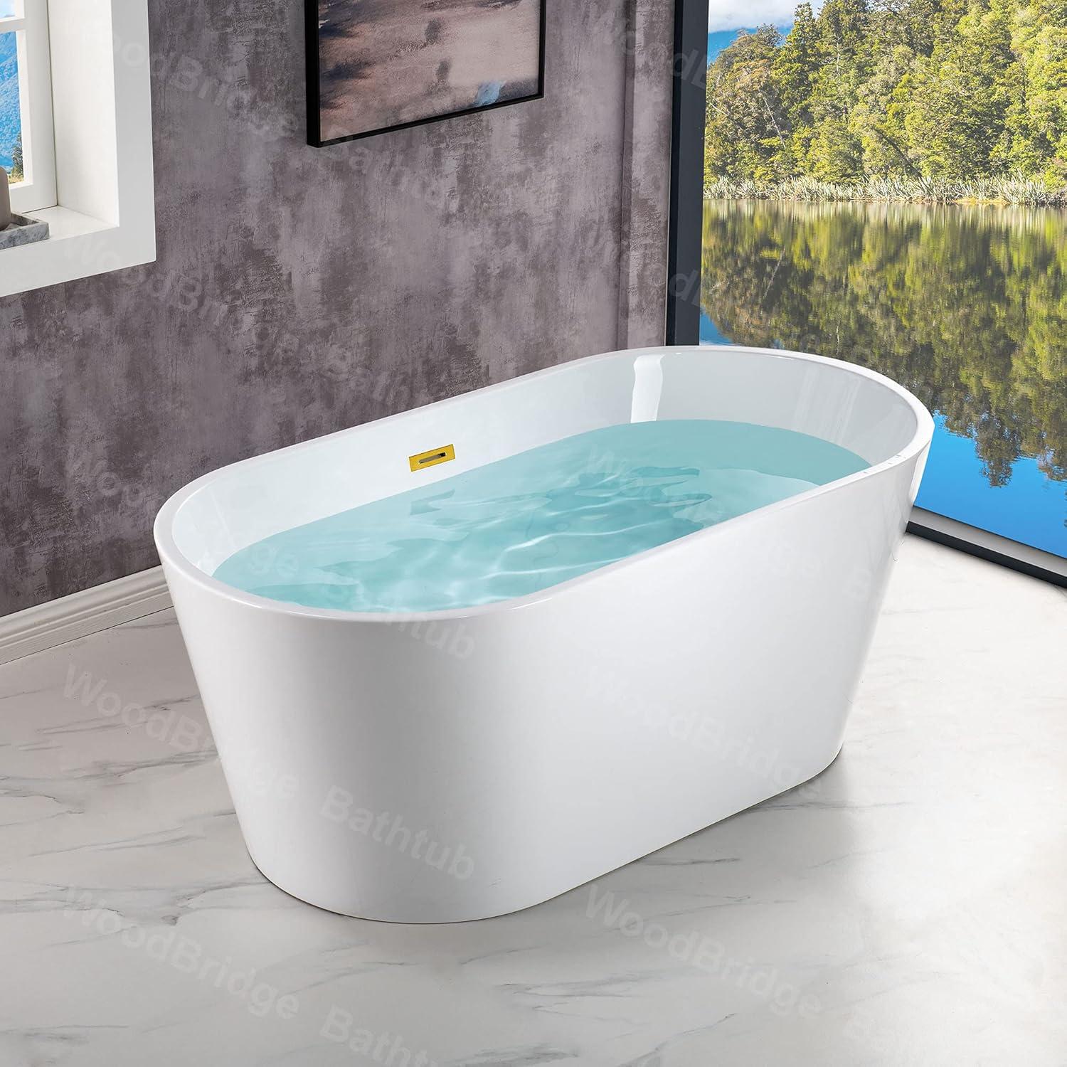 WOODBRIDGE 54" Acrylic Freestanding Bathtub Contemporary Soaking White Tub with Brushed Gold Overflow and Drain,B1702-BG