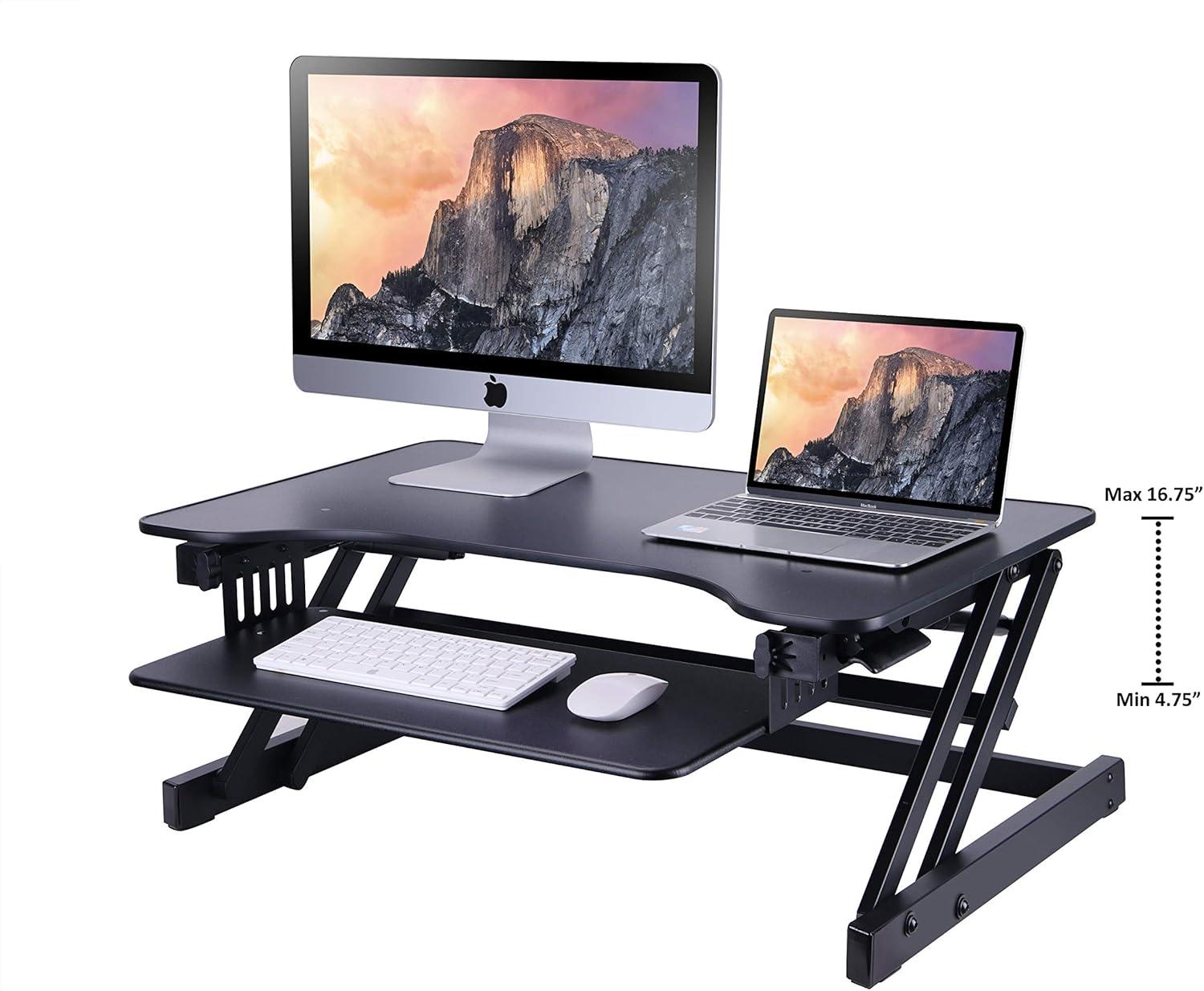 Rocelco 32" Adjustable Standing Desk Converter and Anti Fatigue Mat Bundle Black