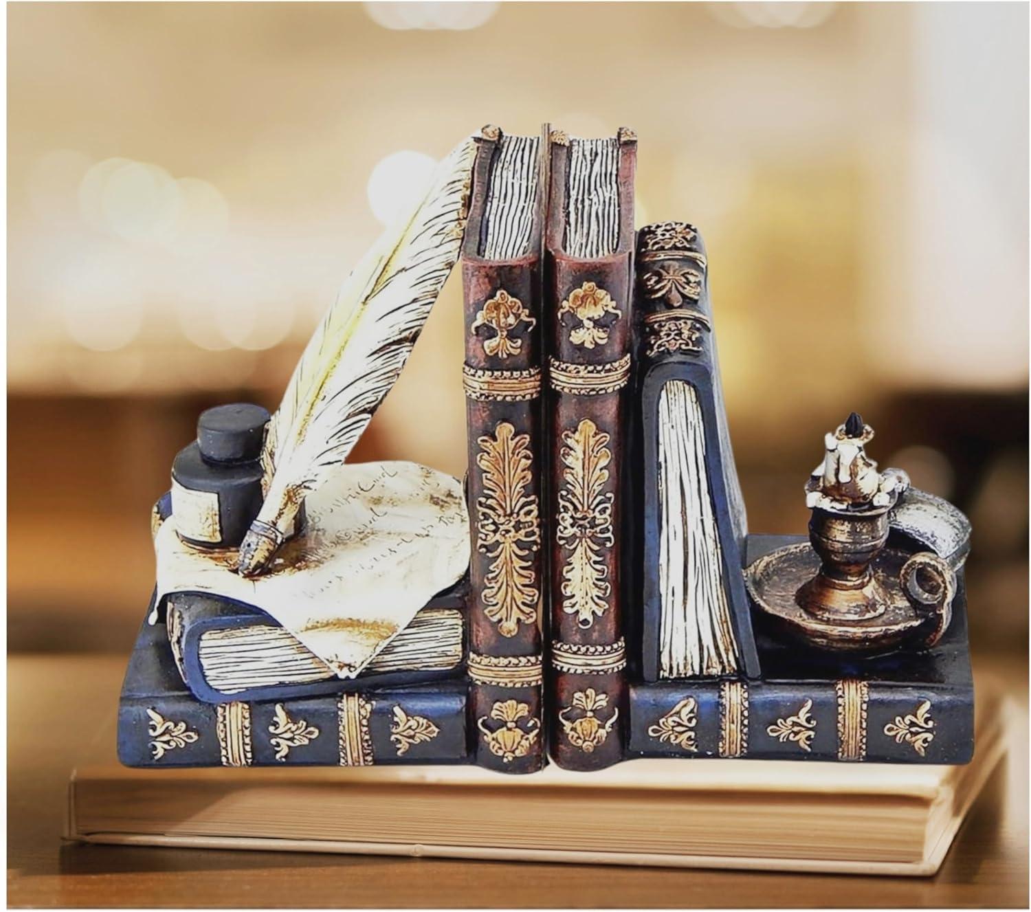 Bellaa 26324 Vintage Bookends Wizard Feather Quill Pen and Ink Bottle with Oil Lamp Antique Style Farmhouse Cottage Lodge Magic Home Decor