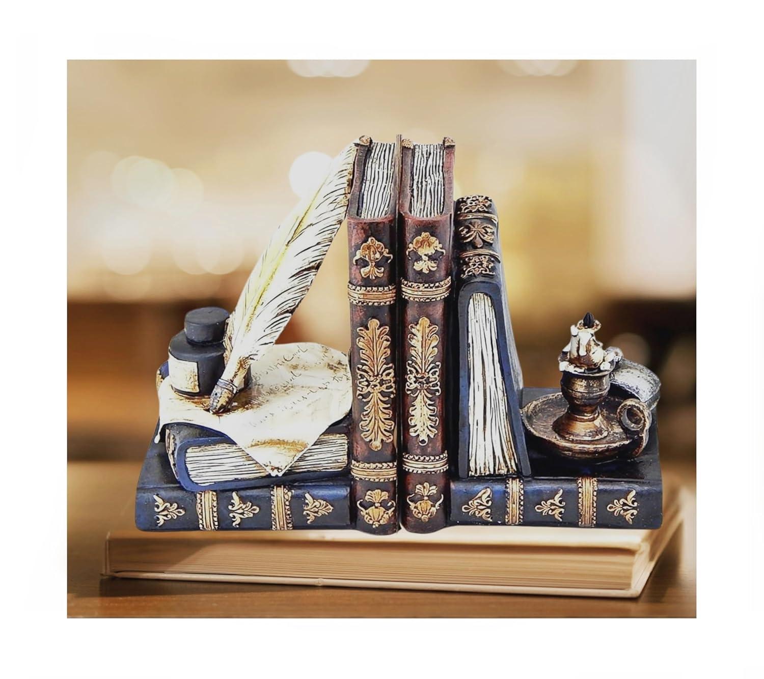 Bellaa 26324 Vintage Bookends Wizard Feather Quill Pen and Ink Bottle with Oil Lamp Antique Style Farmhouse Cottage Lodge Magic Home Decor