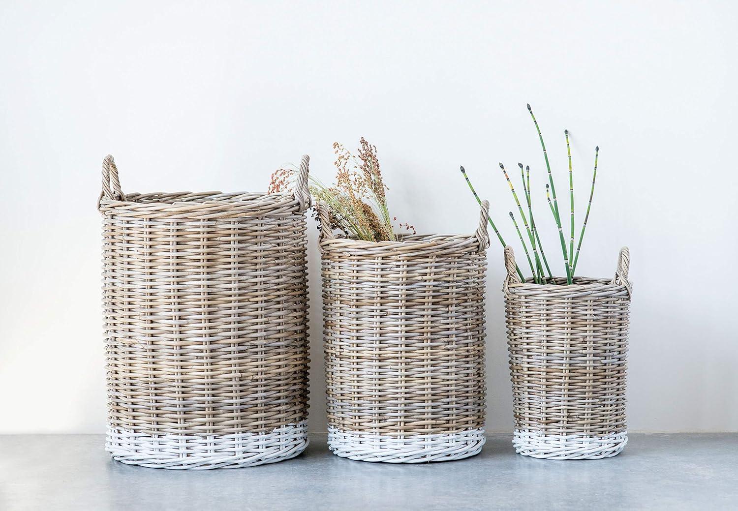 Natural Rattan Round Storage Baskets with White Dipped Base - Set of 3