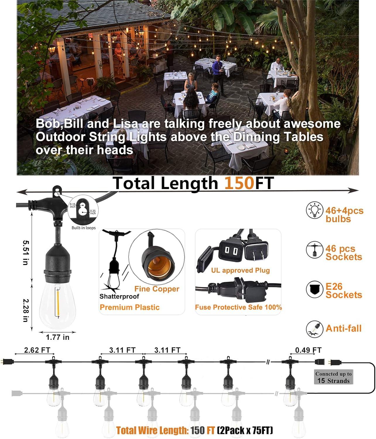 150ft Black LED Outdoor String Lights with Shatterproof Warm White Bulbs