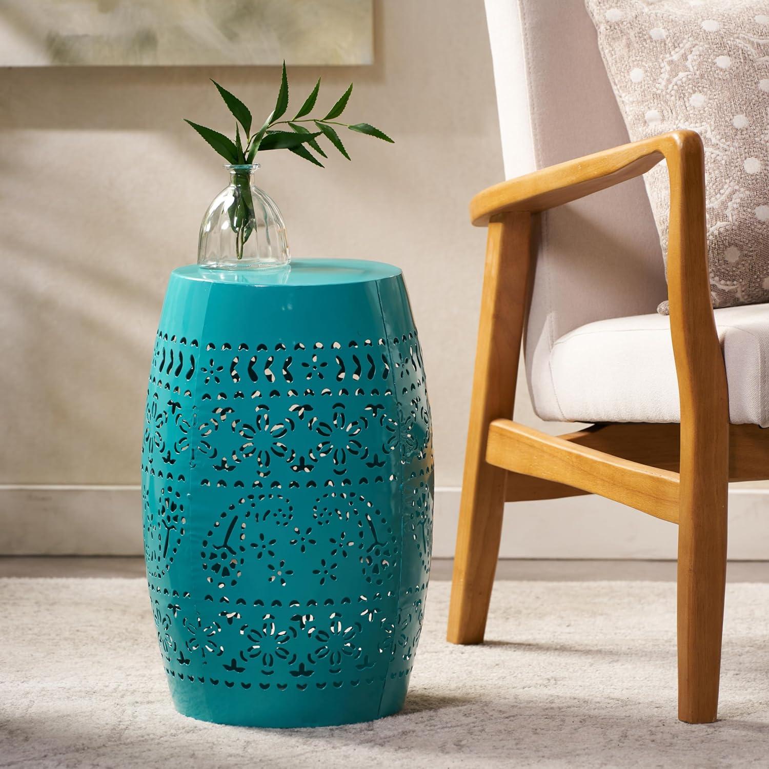 Teal 12" Iron Lace-Cut Outdoor Side Table