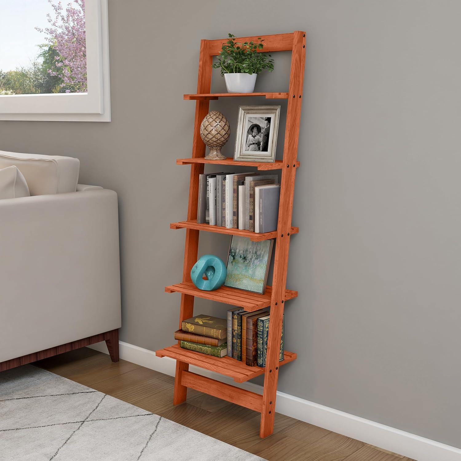 Cherry Painted Wood 5-Tier Leaning Ladder Bookshelf