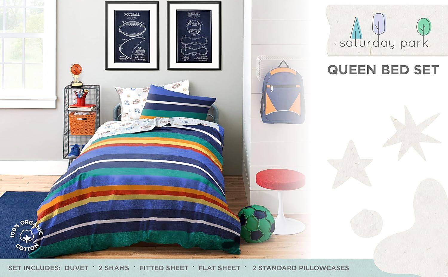 Saturday Park Vintage Stripe & Sports 100% Organic Cotton Queen Bed Set