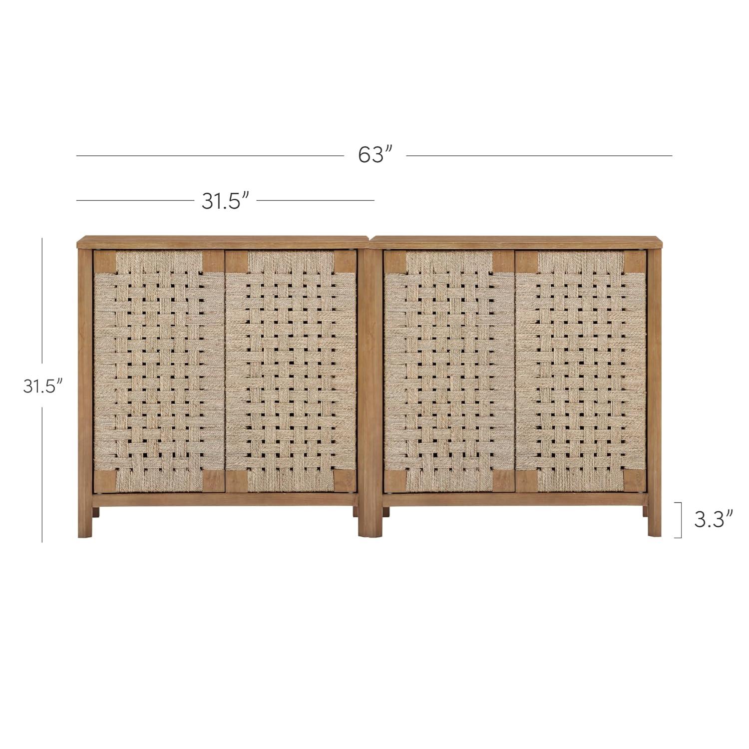 Rustic Wood TV Stand Cabinet With Seagrass Door Panels