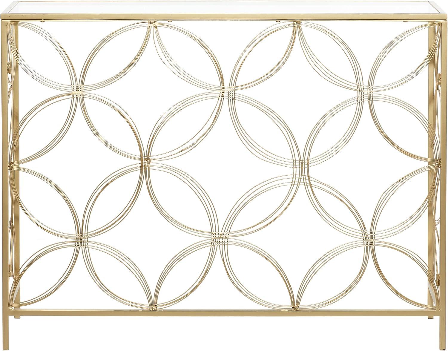 DecMode 42" x 32" Gold Metal Open Style Quatrefoil Frame Geometric Console Table with Mirrored Top, 1-Piece