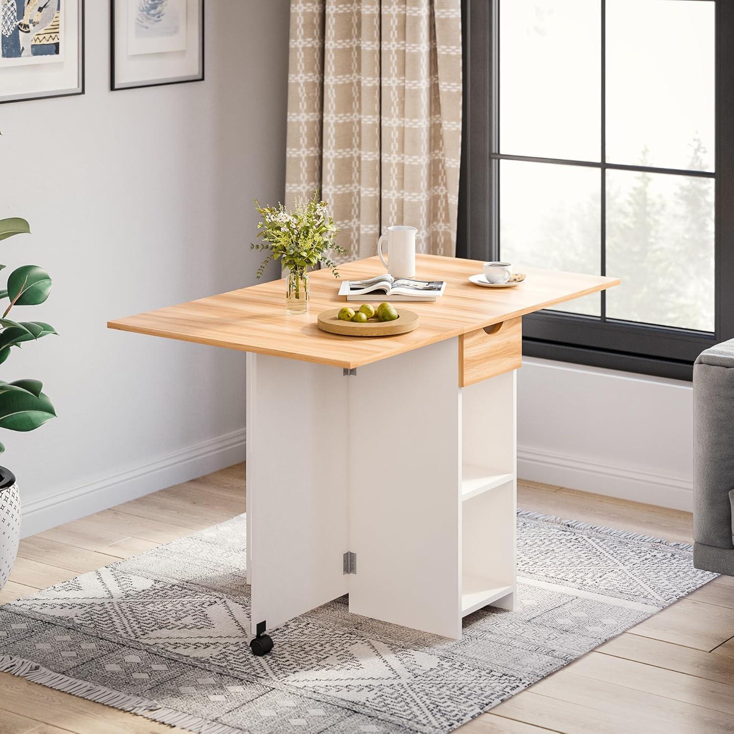 Mobile Folding Dining Table, Drop Leaf Table with 1 Drawer and 2 Open Storage Shelves for Small Space Dining Room Kitchen, White & Red Oak