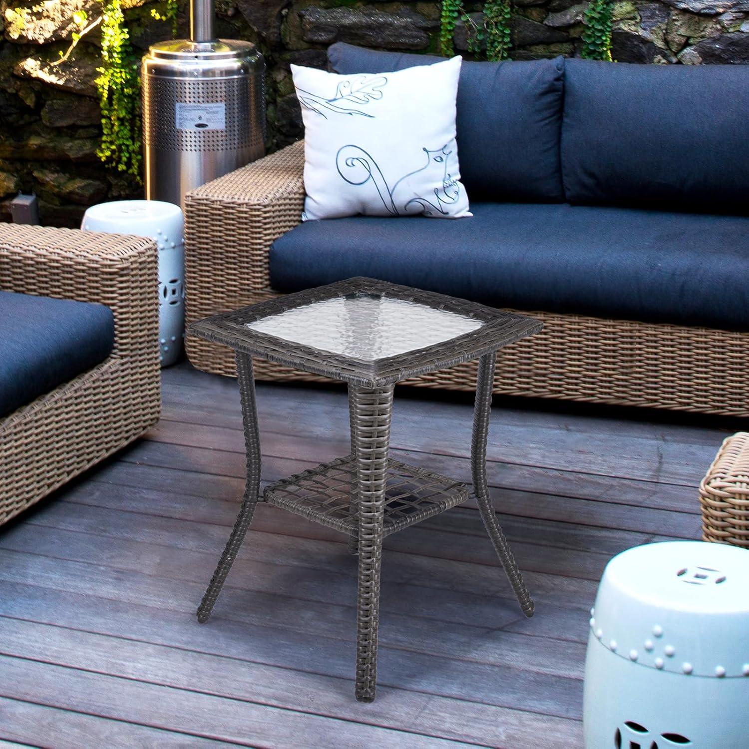 Gray Wicker Outdoor End Table with Glass Top and Storage Shelf