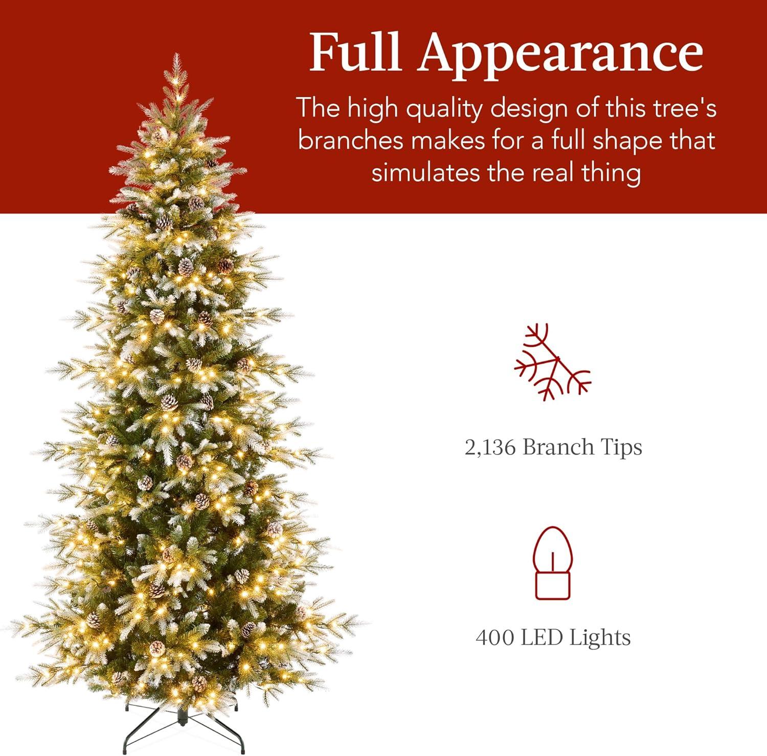 Best Choice Products 7.5ft Pre-Lit Flocked Aspen Noble Fir Christmas Tree w/ 2,136 Branch Tips, 400 LED Lights
