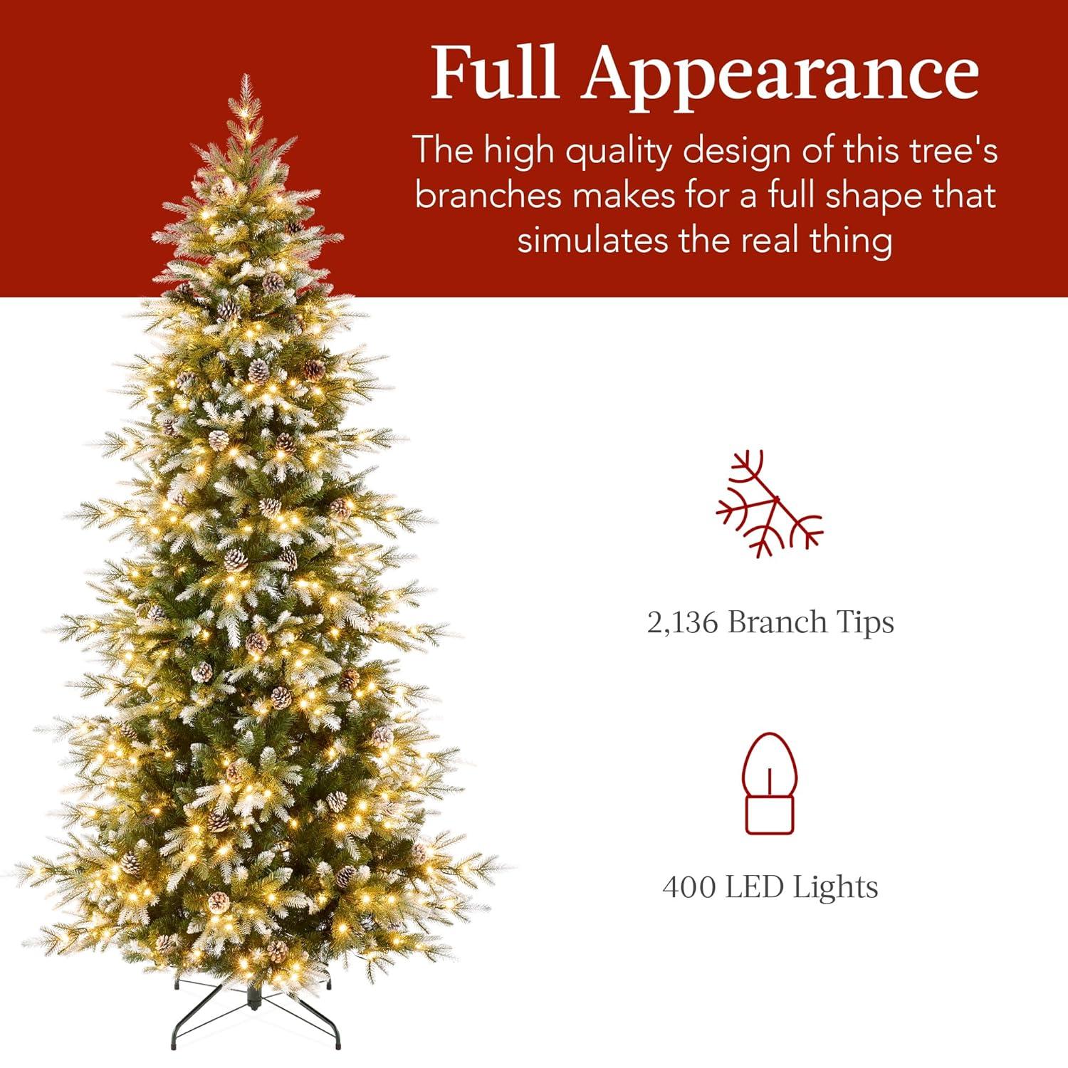 Best Choice Products 7.5ft Pre-Lit Flocked Aspen Noble Fir Christmas Tree w/ 2,136 Branch Tips, 400 LED Lights