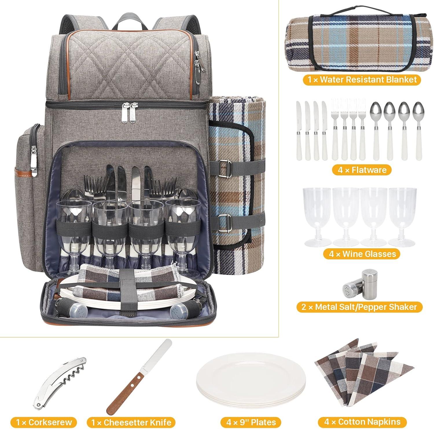 Gray Insulated Picnic Backpack with Tableware Set and Blanket