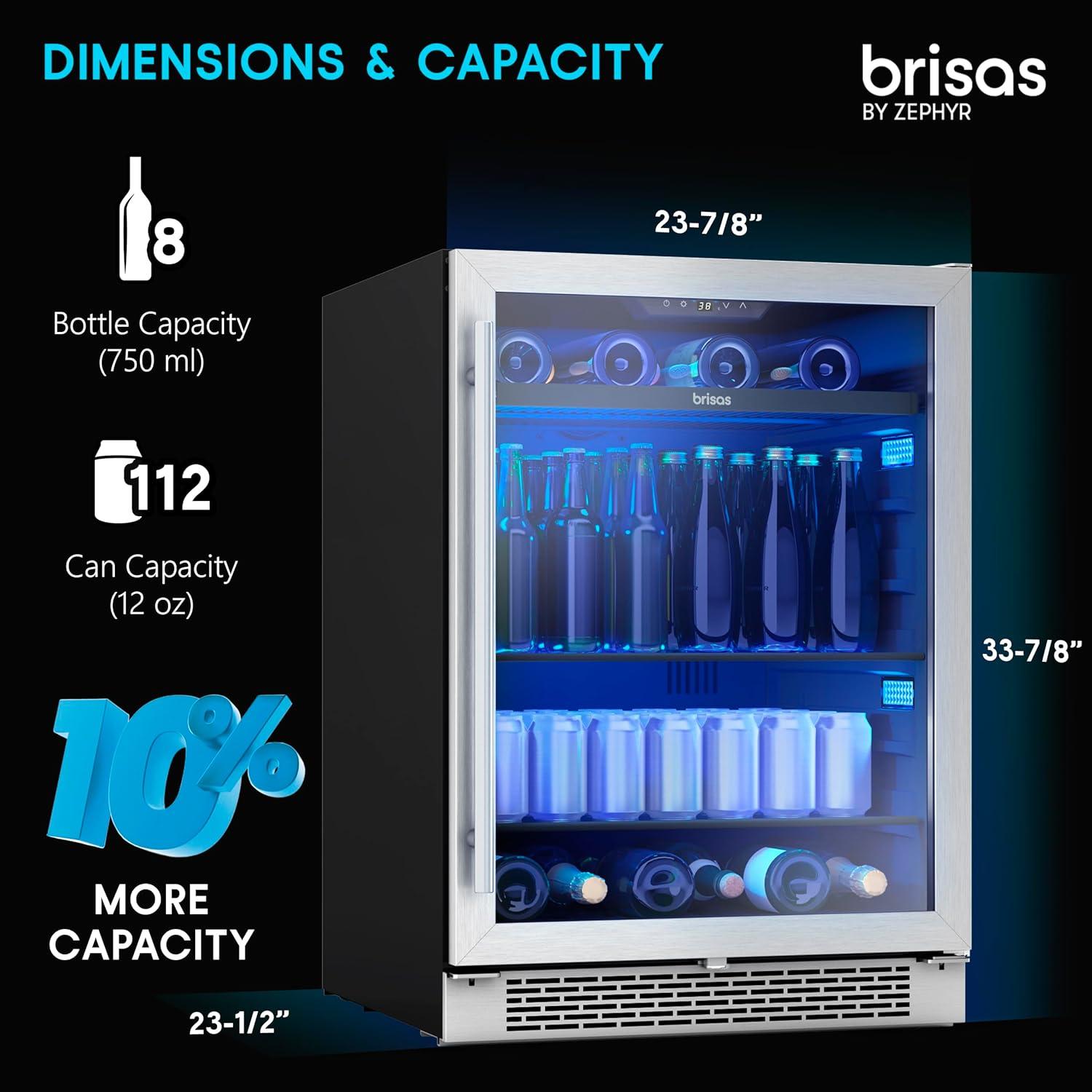 Brisas by Zephyr 24" 8-Bottle and 112-Can Single Zone Beverage Cooler