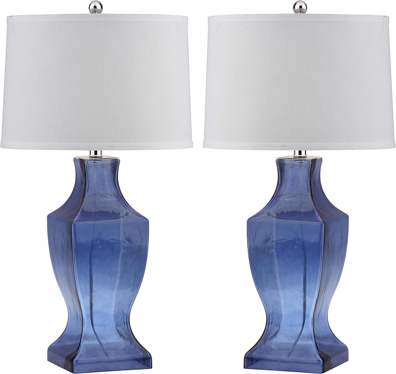 Elegant Blue Glass Urn Table Lamp Set with White Cotton Shade