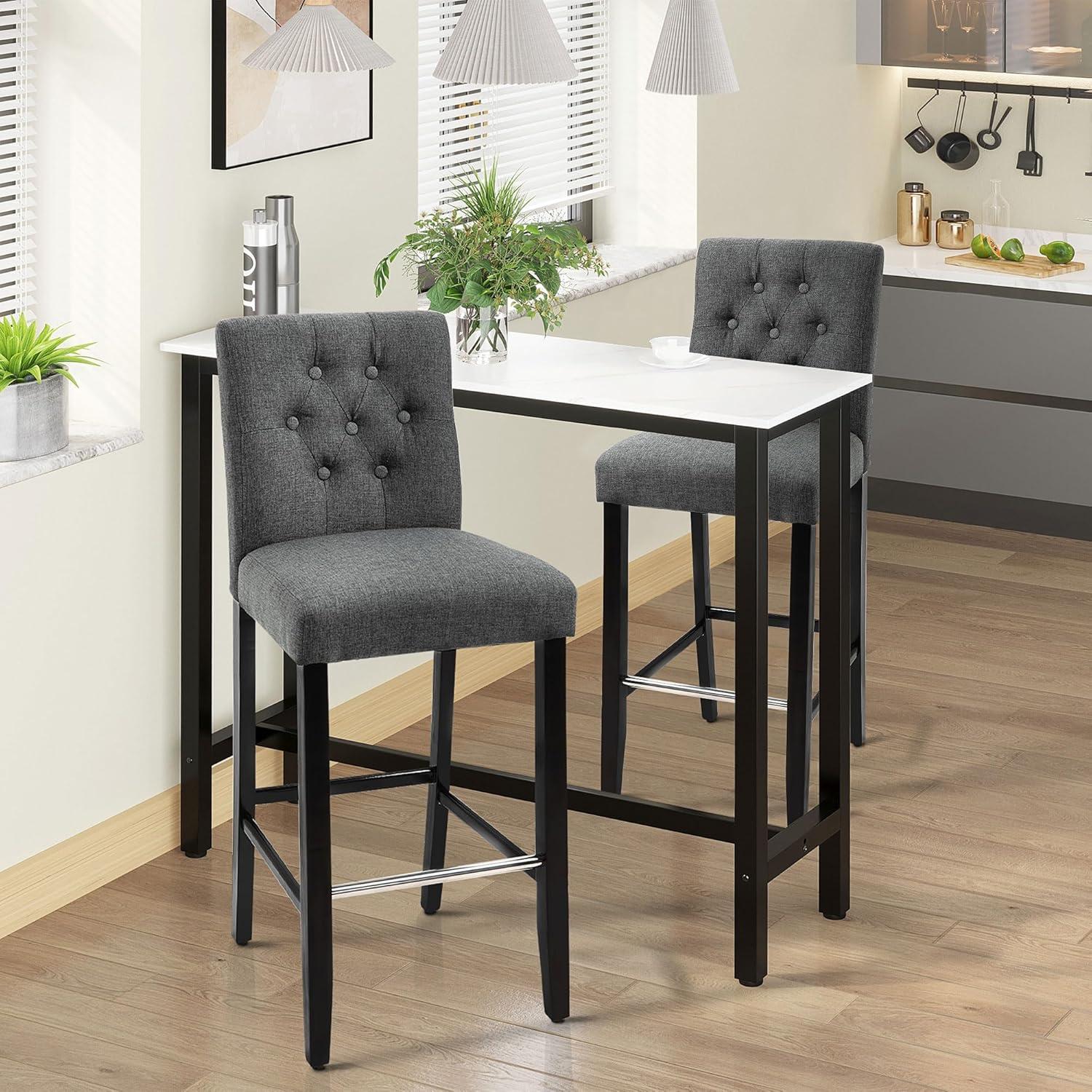 Gray Linen Upholstered Armless Bar Stools with Wood Legs