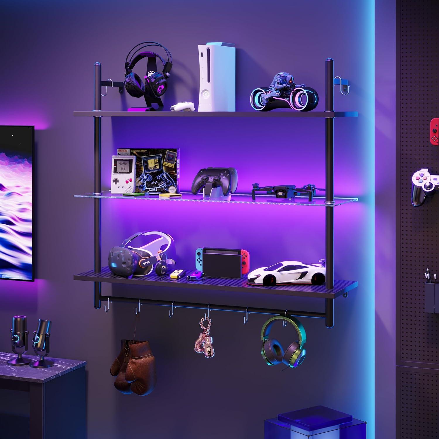 Bestier Gaming LED Floating Shelves for Wall, 41" Wall Mounted Shelf Pipe Glass Shelves, 3 Tier Hanging Display Rack with 8 S-Hooks Towel Bar, Kitchen Gaming Room Wall Decor, Carbon Fiber Black