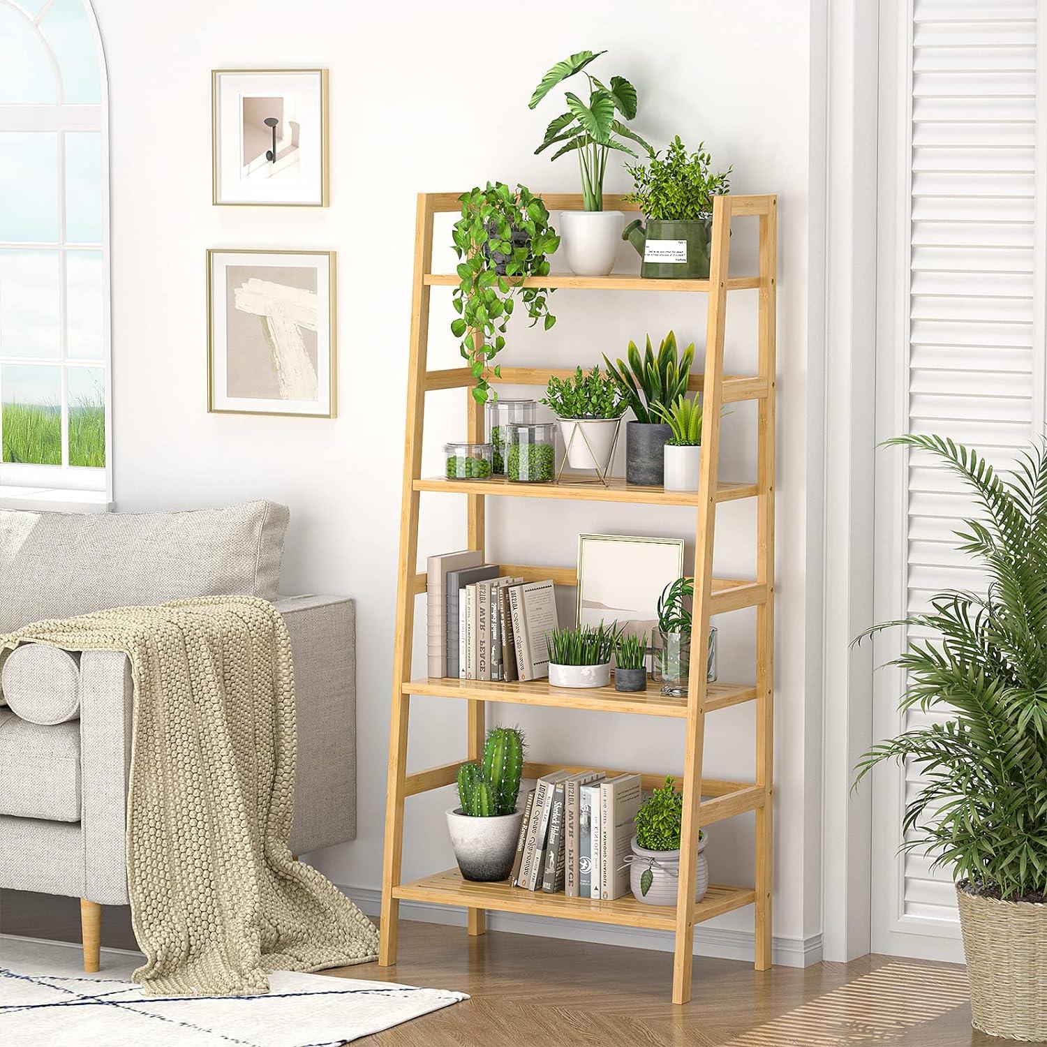 Natural Bamboo 4-Tier Ladder Shelf for Books and Plants