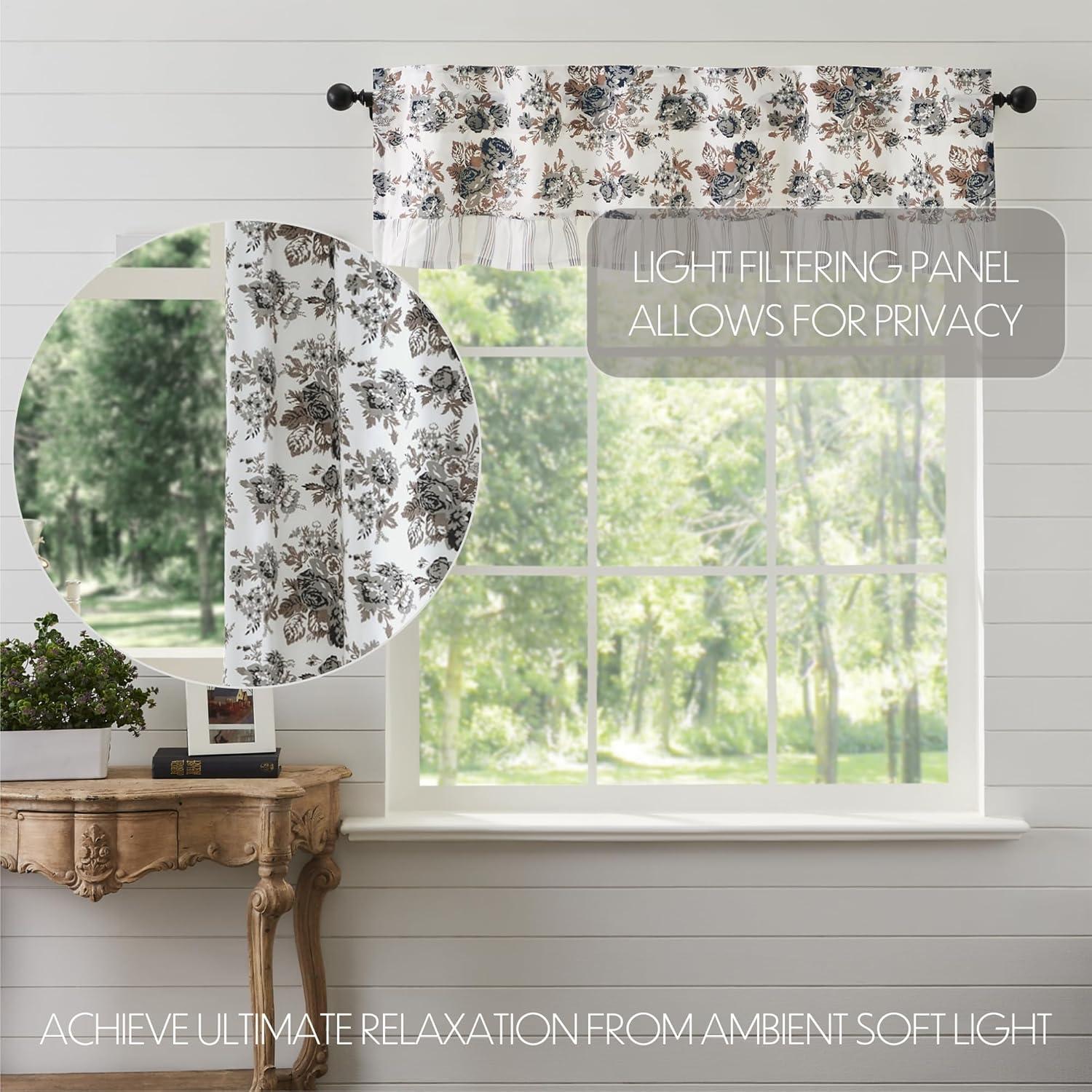 VHC Brands Annie Portabella Brown Floral Vintage Farmhouse Ruffled Valance Kitchen Curtain 16x60