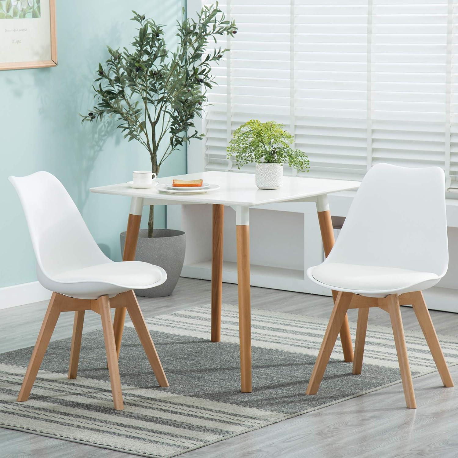 LSSBOUGHT PU Leather Dining Chairs Upholstered Shell Chairs with Wood Legs Set of 2 White-2-Piece