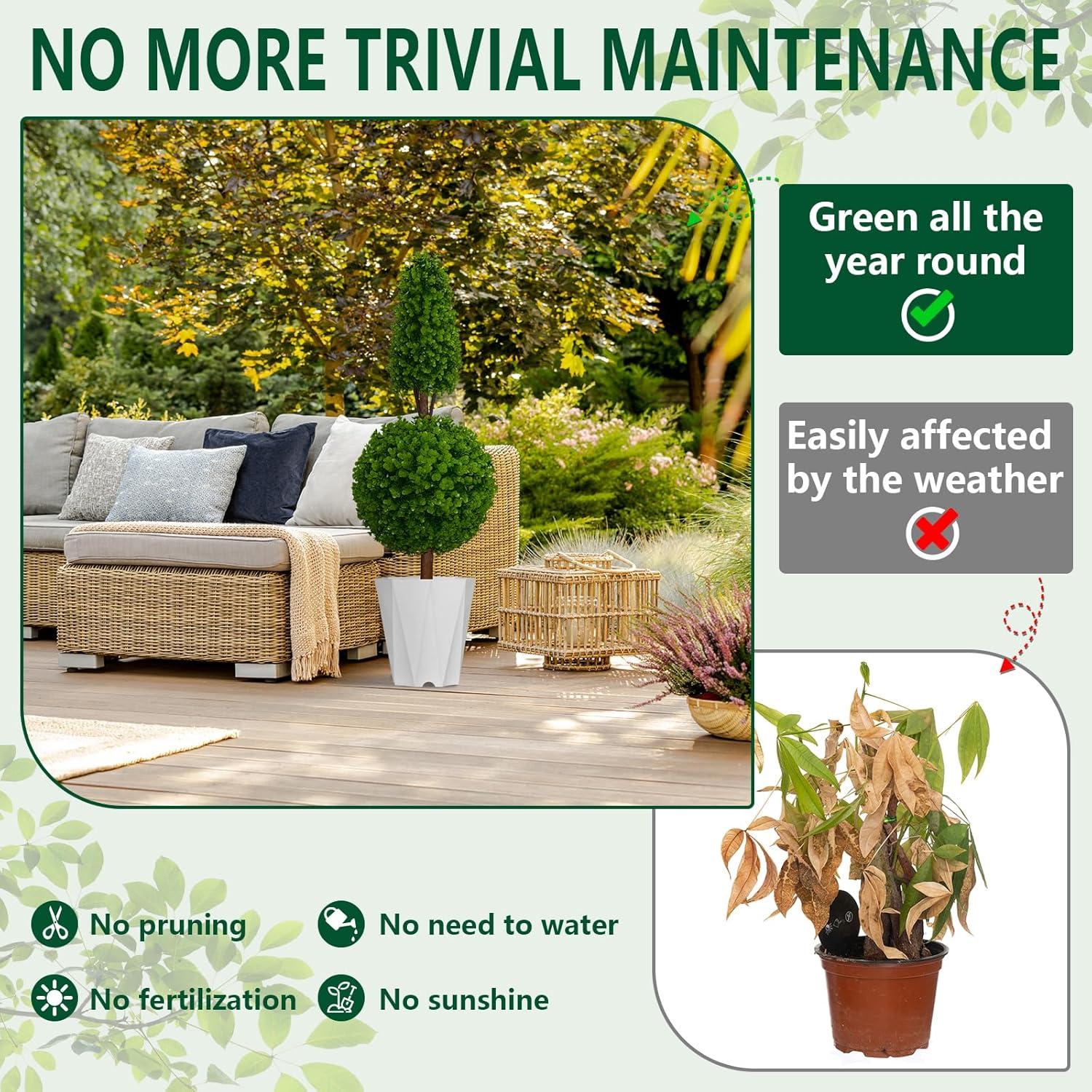 22’’ Faux Boxwood Topiary Ball Tree Set of 2, Artificial Plants Outdoor Weather Resistant, Cement-Filled Potted Bushes, Evergreen Topiary Trees Artificial for Porch Decoration Indoor Outdoor