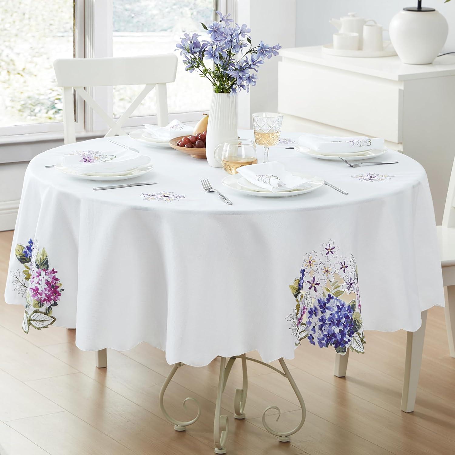 Spring Hydrangea Floral Cutwork Tablecloth - Multicolor - 70" Round - Elrene Home Fashions