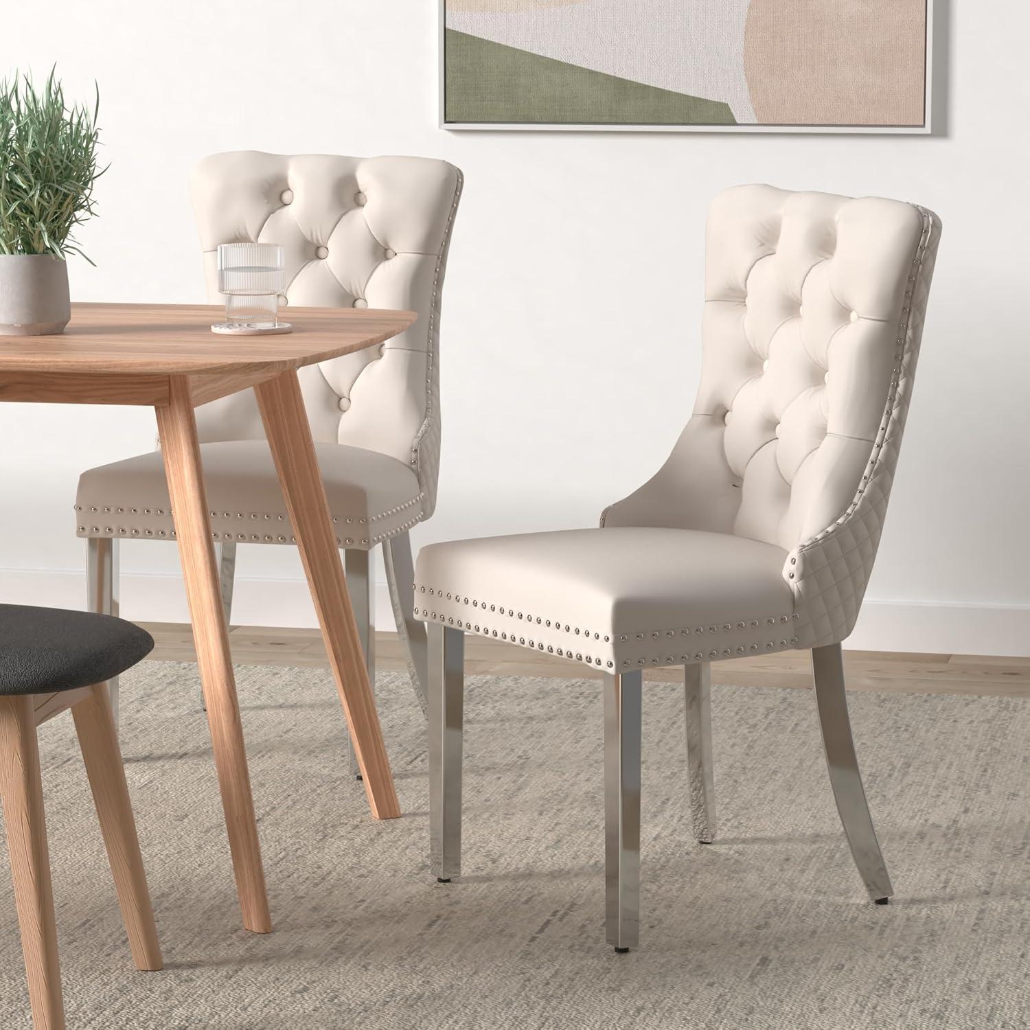 SoarFlash Velvet Dining Chairs Set of 4, Tall Back Side Chair, Modern Upholstered High-end Tufted Side Chair with Button Back Ring, Solid Wood Legs (Beige)