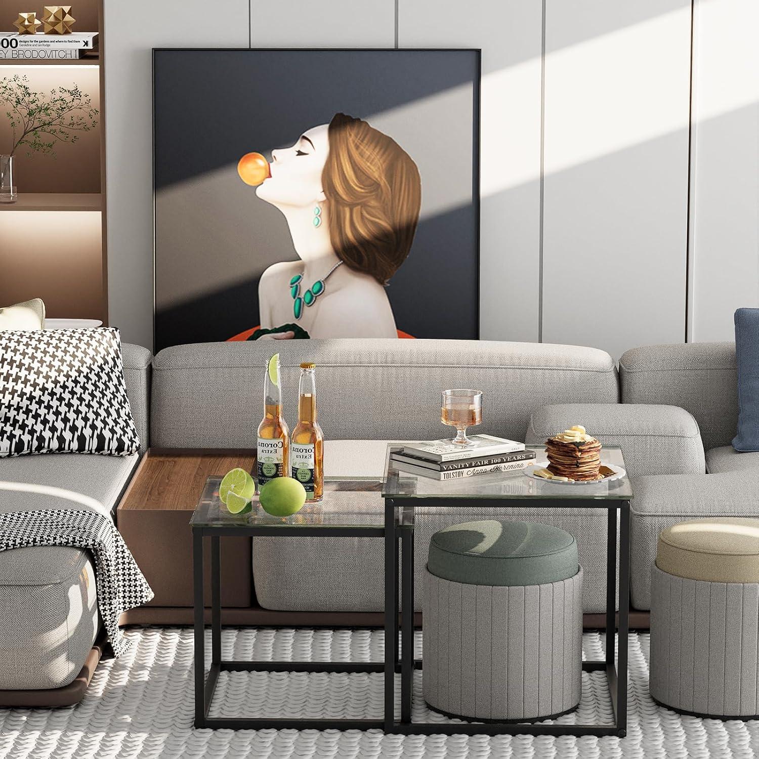 Coffee Table Set of 2, Modern Black Wooden Side Table, Metal Frame Square End Table, Center Tables,Nesting Coffee Table for Living Room,Bedroom and Small Spaces