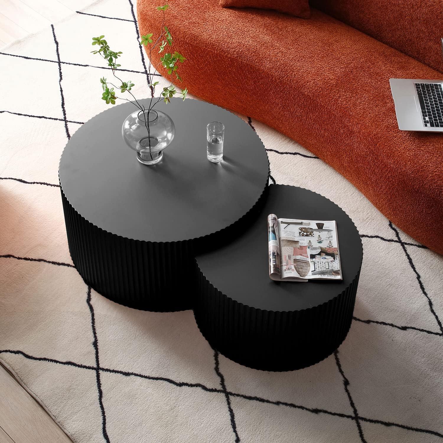 WILLIAMSPACE Nesting Coffee Table Set of 2, Matte Black Round Wooden Coffee Tables, Modern Luxury Side Tables Accent End Table for Living Room Apartment