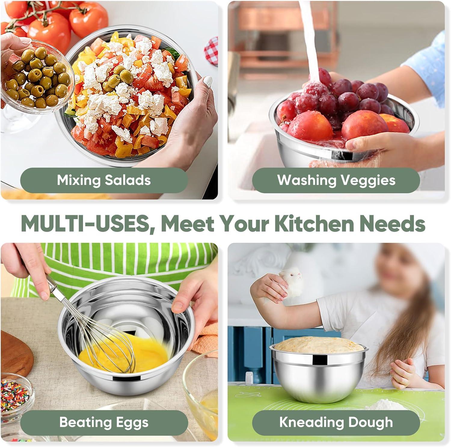 Toledo Bath & Kitchen Stainless Steel Mixing Bowls With Lids, 5-Pack Metal Nesting Bowls With Airtight Covers For Cooking, Baking, Serving, Storage, Non-Toxic & Dishwasher Safe, Size 4.6/3/1.5/1/0.7QT - Khaki