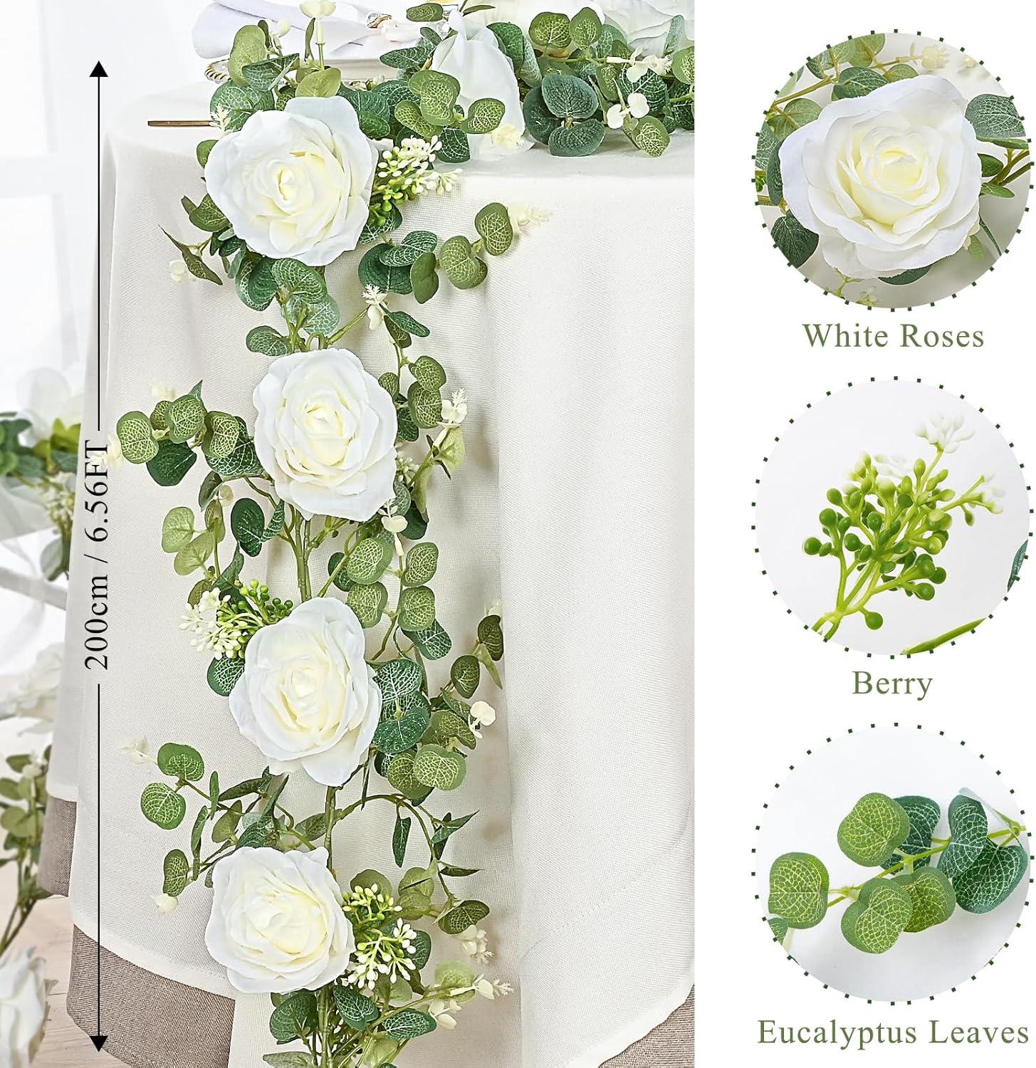 13Ft White Rose and Eucalyptus Artificial Garland Set