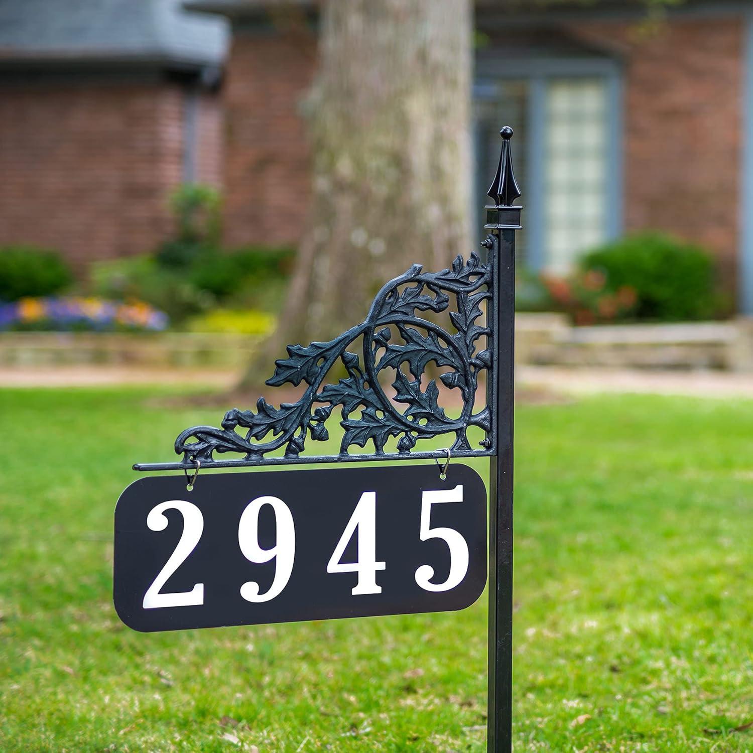 Reflective Black Metal Address Plaque with Oak Leaf Design