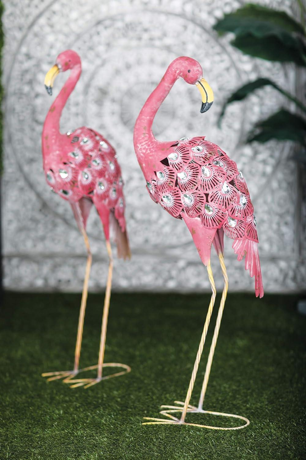 DecMode Coastal Outdoor Metal Standing Pink Flamingo Garden Sculpture, Set of 2 10"W x 38"H