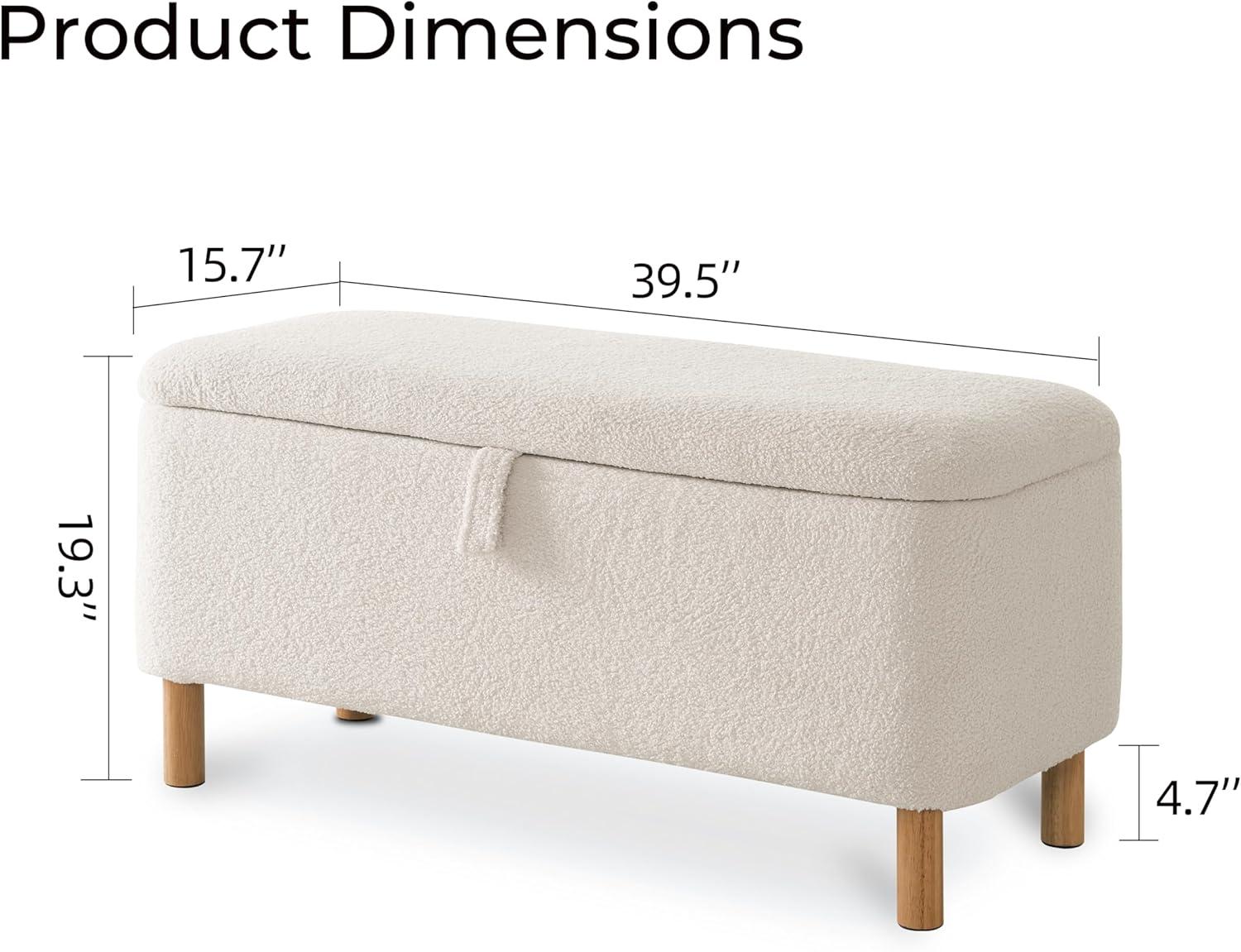 Storage Ottoman Bench with 250lb Seating, 39.5" Boucle Upholstered Entryway Bench with Wood Legs and Safety Hinge, Flip Top Foot Rest Long Stool for Sofa Couch Bedroom End of Bed, White