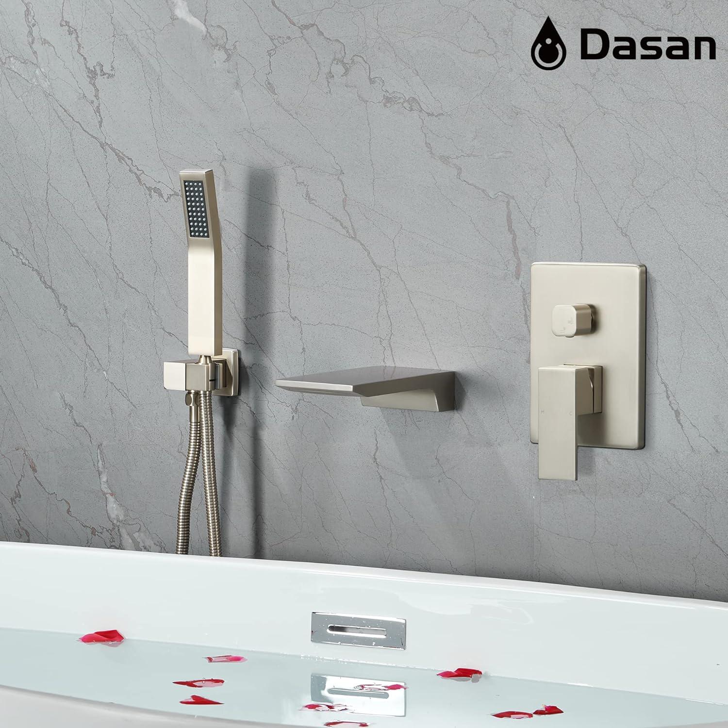 Airuida Wall Mount Tub Faucet with Waterfall Tub Spout Wall Mounted Bathtub Faucet with Handheld Shower Single Handle Tub Filler Shower Faucet Set with Rough-in valve Straight Spout Matte Black