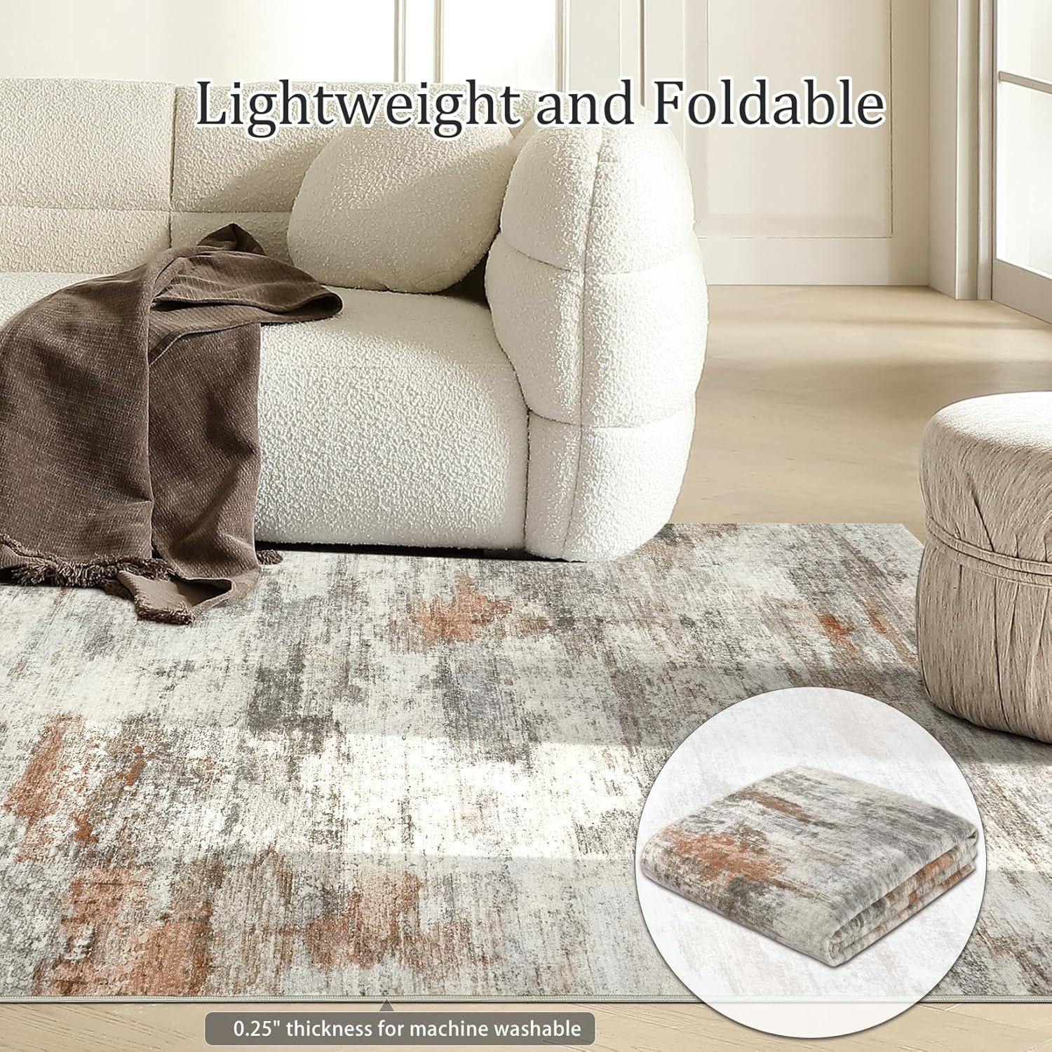 Area Rugs for Living Room: 8x10 Washable Neutral Modern Rug for Bedroom Large Soft Abstract Dining Room Rugs Indoor Floor Low Pile Carpet for Home Office Nursery - Rust Grey