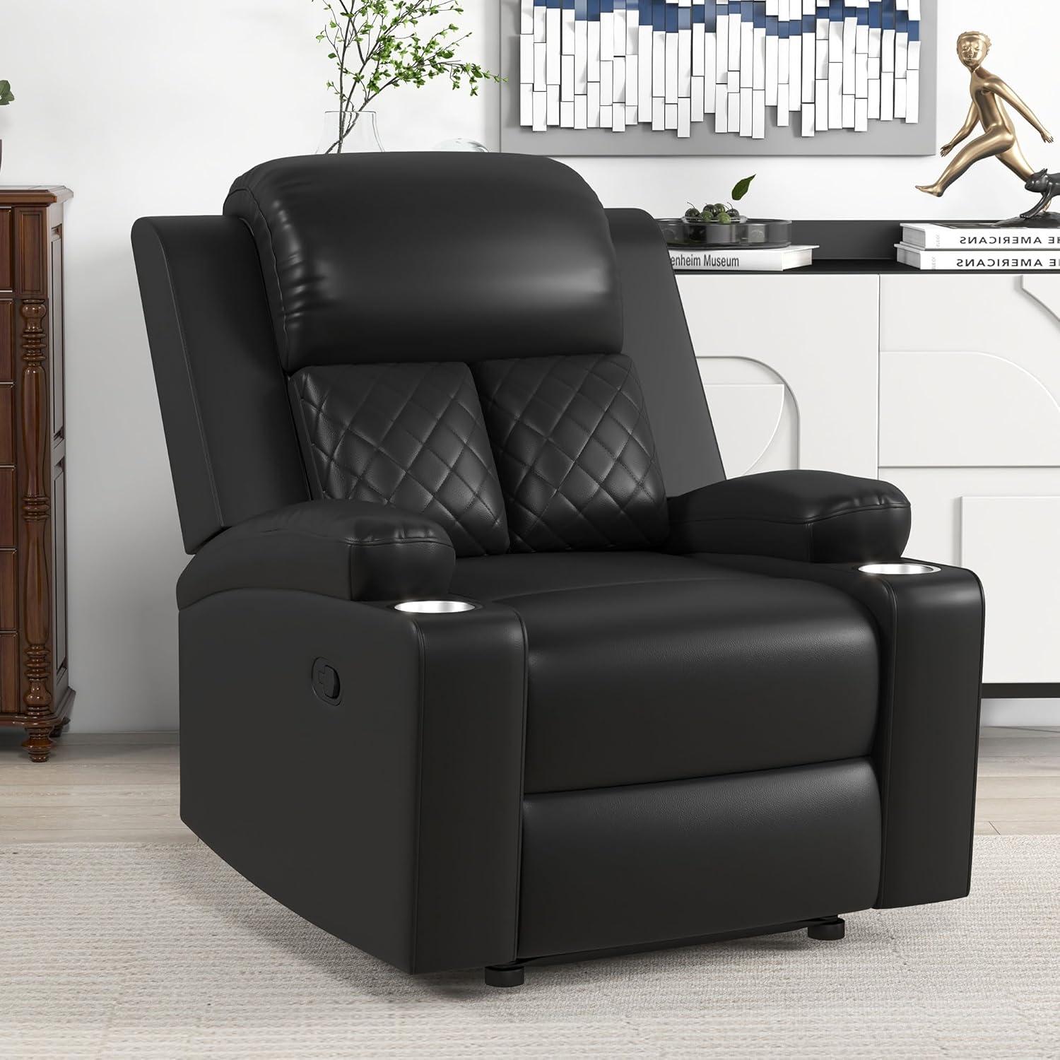 Black Faux Leather Overstuffed Recliner with Cup Holders